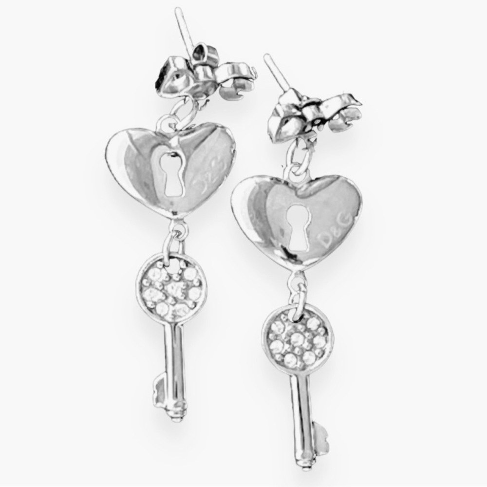 Dolce & Gabbana Auth silver tone drop earrings Heart Crystal Lock Key Rhinestone